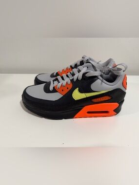 Nike Air Max 90 Gray Black Neon Orange Sneakers with Volt Swoosh